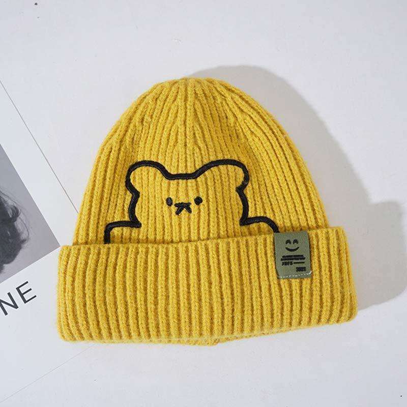 Cartoon Bear Embroidery Knit Hat - Yellow - M(54-58cm) - image 15