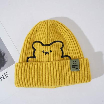 Cartoon Bear Embroidery Knit Hat - Yellow - M(54-58cm) - image 15