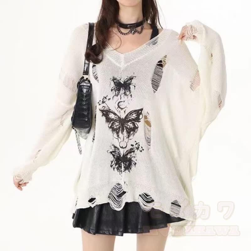 Y2K Gothic Butterfly Print Long Sleeve Top Plaid Irregular Skirt Leg Warmers - White Top - 3XL - image 7