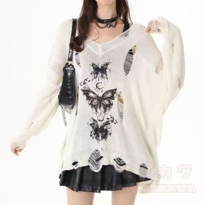 Y2K Gothic Butterfly Print Long Sleeve Top Plaid Irregular Skirt Leg Warmers - White Top - 3XL - image 7