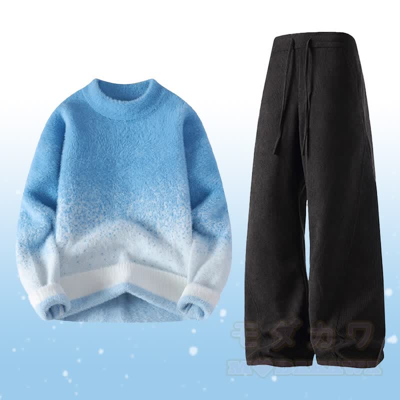 Gradient Knit Fuzzy Sweater Corduroy Pants Two Pieces - Set D - 4XL - image 4