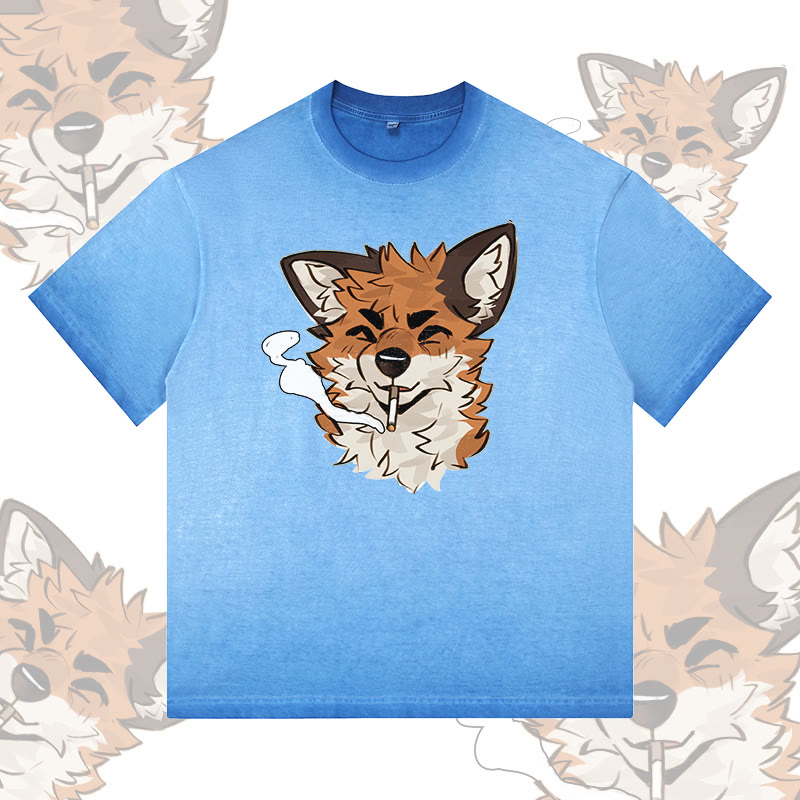 MODAKAWA X atka Fox Smoking Graphic 100% Cotton Gradient Washed T-Shirt - Blue - 5XL - image 3