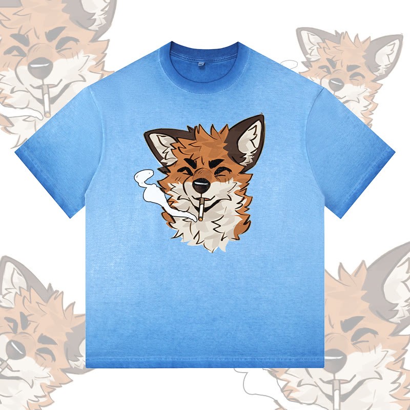 MODAKAWA X atka Fox Smoking Graphic 100% Cotton Gradient Washed T-Shirt - Blue - 5XL - image 3