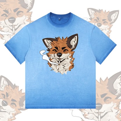 MODAKAWA X atka Fox Smoking Graphic 100% Cotton Gradient Washed T-Shirt - Blue - 5XL - image 3