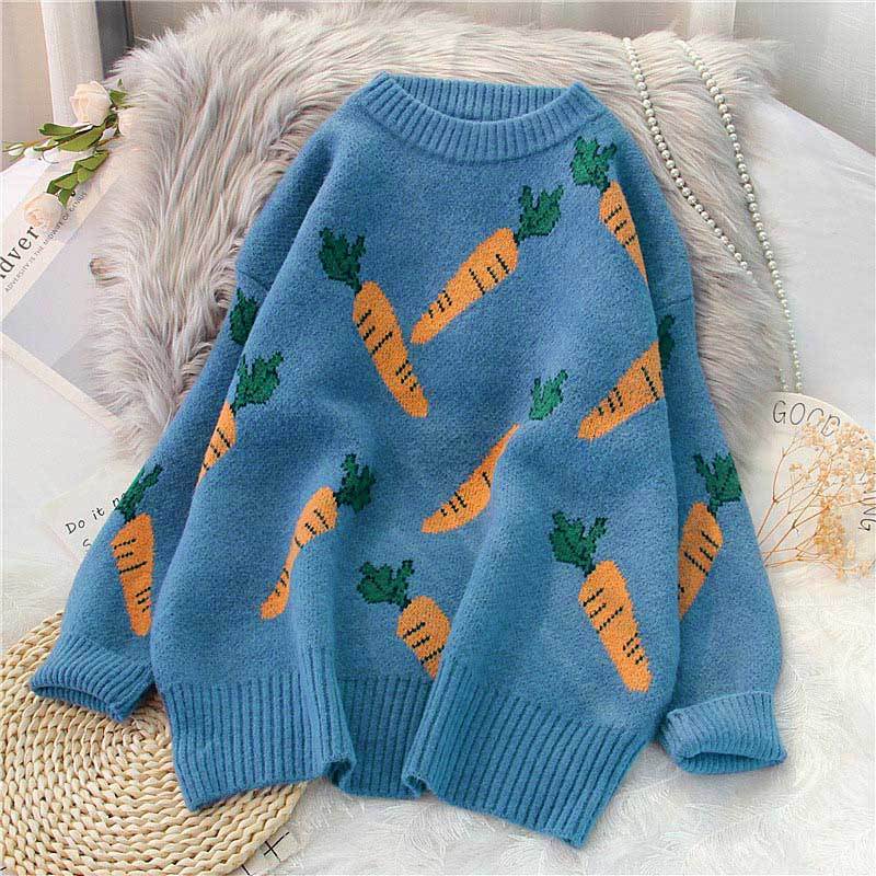 Loose Cartoon Carrot Print Long Sleeve Sweatshirt - Blue-Purple - XL - image 2