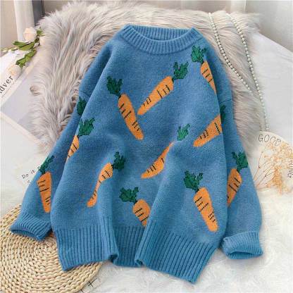 Loose Cartoon Carrot Print Long Sleeve Sweatshirt - Blue-Purple - XL - image 2