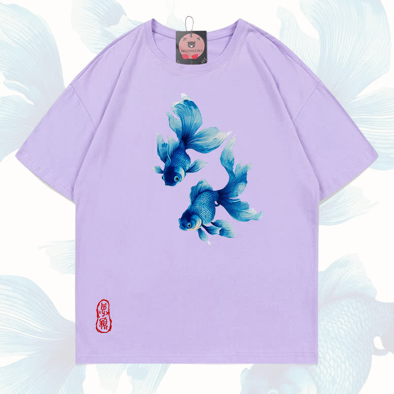 MODAKAWA Fish Graphic 100% Cotton T-shirt - Light purple - 5XL - image 9