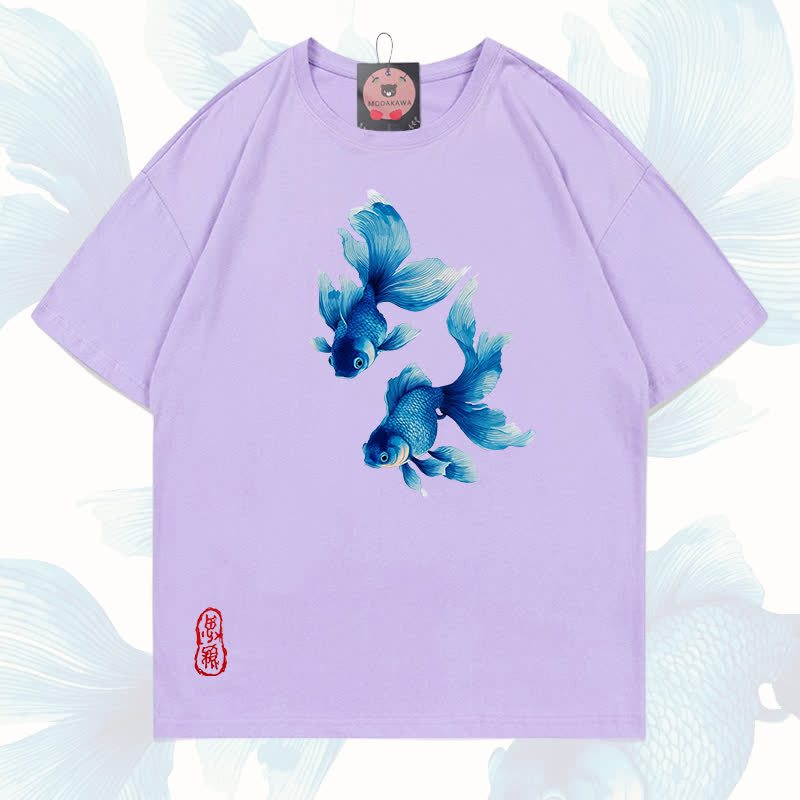 MODAKAWA Fish Graphic 100% Cotton T-shirt - Light purple - 5XL - image 9