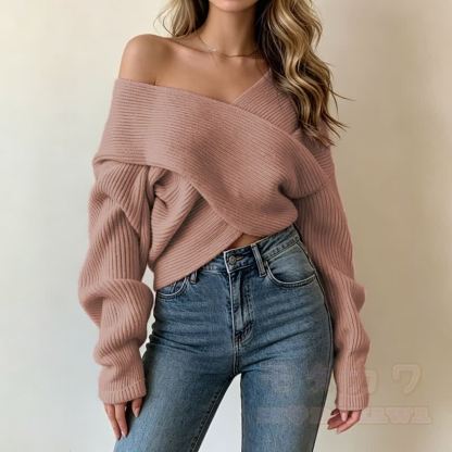 Cross Wrap Off Shoulder Irregular Loose Cropped Knit Sweater - Pink - One Size - image 6