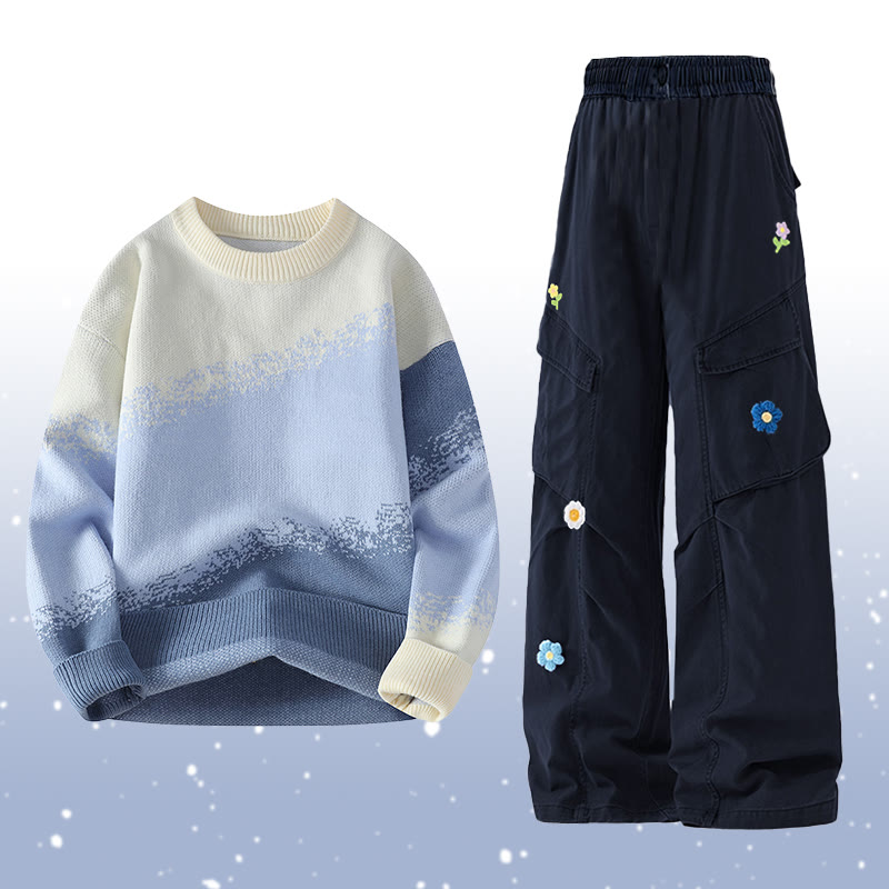 Gradient Knit Sweater Flower Cargo Pants Two Pieces - Set C - 2XL - image 3