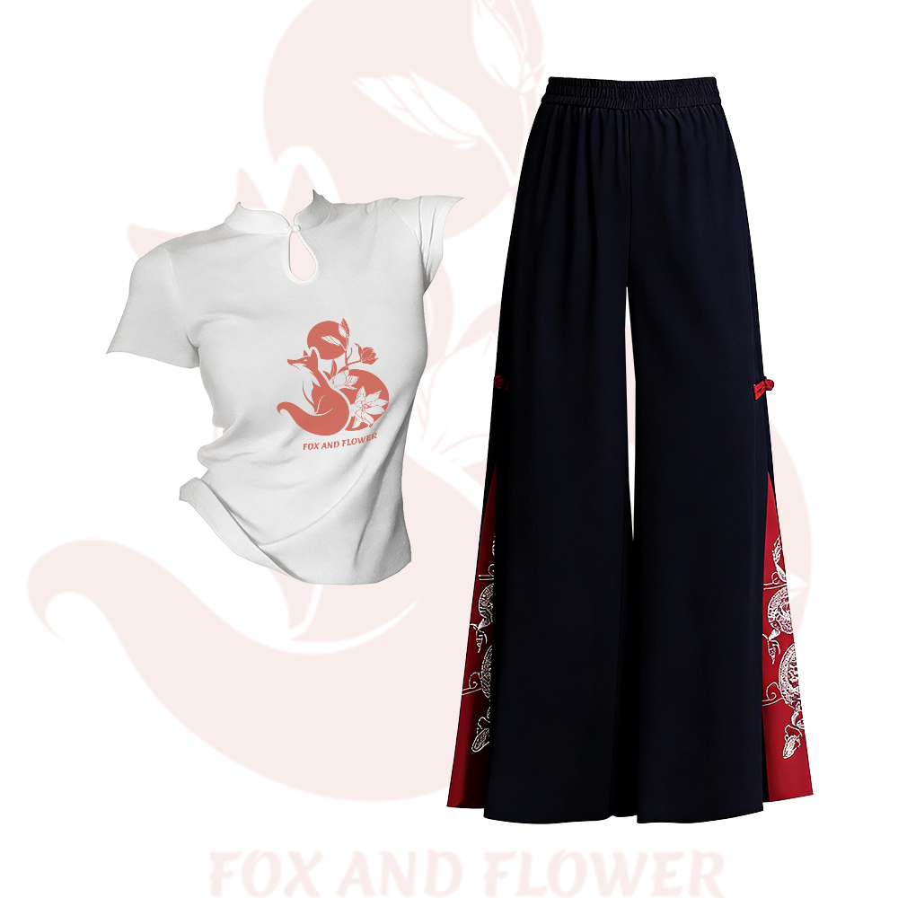Fox Graphic Buckle T-shirt Embroidered Ethnic Wide-Leg Pants Modakawa Two Pieces Set - Set B - L - image 2