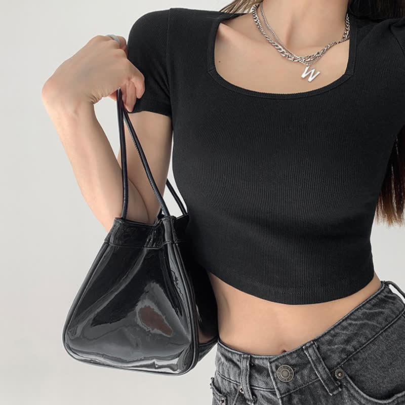 Pure Color Round Collar Crop Top T-Shirt - image 7