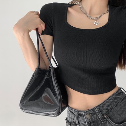 Pure Color Round Collar Crop Top T-Shirt - image 7
