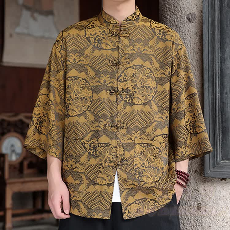 Oversized Dragon Jacquard Mandarin Collar Shirt - Golden Yellow Dragon - 5XL - image 14