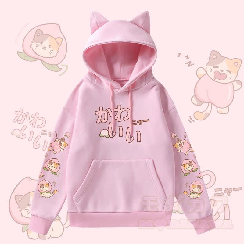 MODAKAWA Peach Cat Graphic Pocket Fleece Lined Hoodie with Cat Ears  - Pink - 2XL - image 3