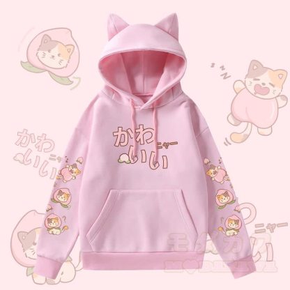 MODAKAWA Peach Cat Graphic Pocket Fleece Lined Hoodie with Cat Ears  - Pink - 2XL - image 3