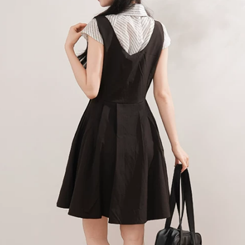 College Style Striped Short Sleeve Shirt Sleeveless Dress Two Pieces Set  - image 6