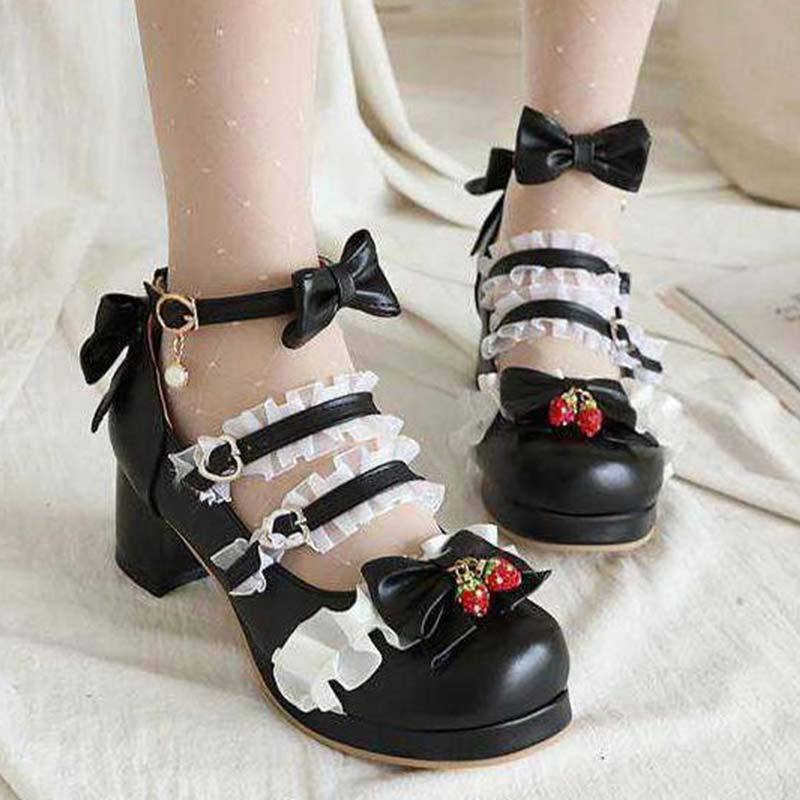 Lace Bow Lolita Kitten Heel Mary Janes Shoes - image 1