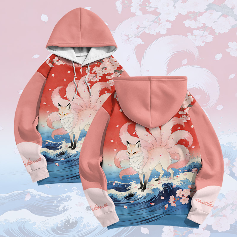 Nine Tailed Fox Graphic Modakawa Color Block Pullover Hoodie - Pink - 6XL - image 5