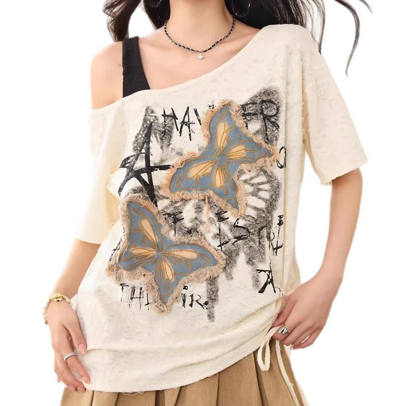 Vintage Butterfly Print Short Sleeve Off Shoulder T-shirt - White - 2XL - image 4