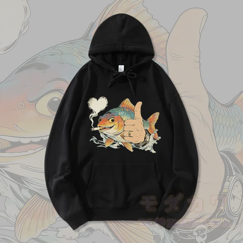 MODAKAWA Smoking Fish Graphic Streetwear Pullover Hoodie - Black - 5XL - image 3