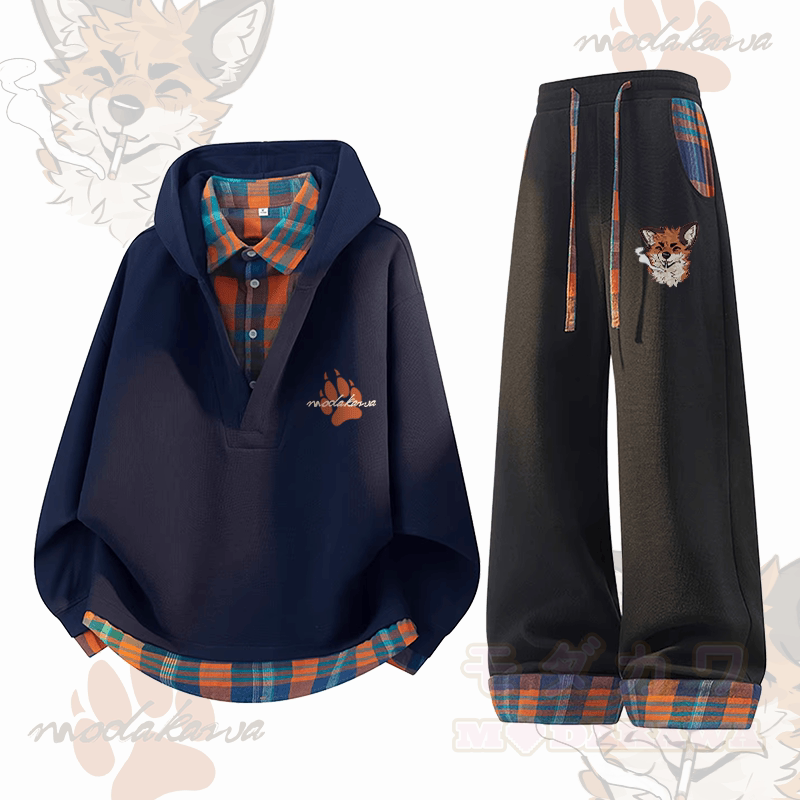MODAKAWA X atka Fox Smoking Graphic Plaid Hoodie Pants Two Pieces Set - Purplish Blue & Black - 3XL - image 4