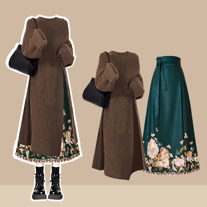 Knit Sweater Dress Flower Print Horse-face Skirt Matching Outfit - Set D - 3XL - image 6