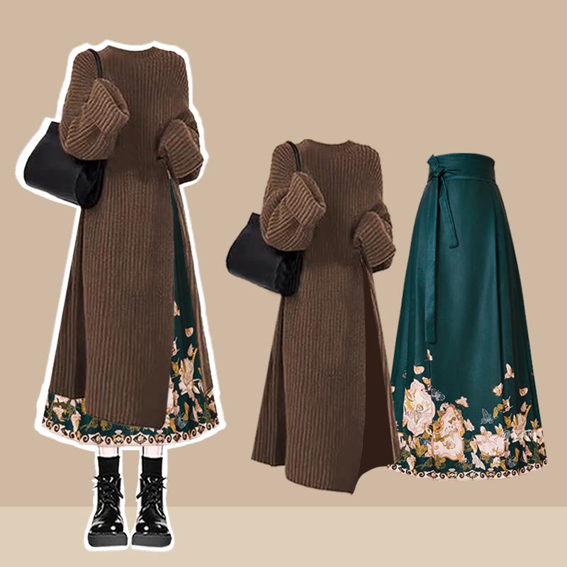 Knit Sweater Dress Flower Print Horse-face Skirt Matching Outfit - Set D - 3XL - image 6