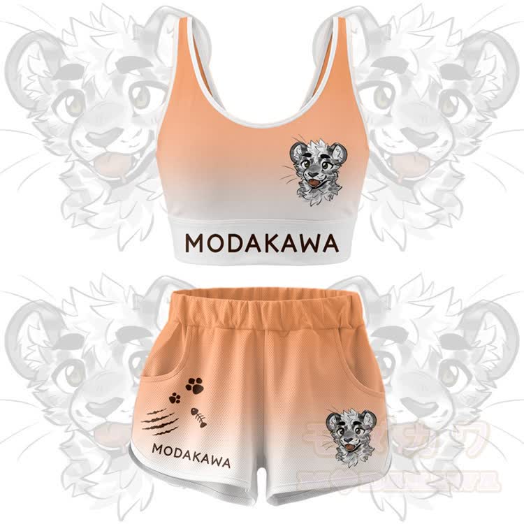 MODAKAWA X atka Tiger Graphic Crop Tank Sport Top Shorts Bikini Matching Outfit - Orange Set - 5XL - image 13