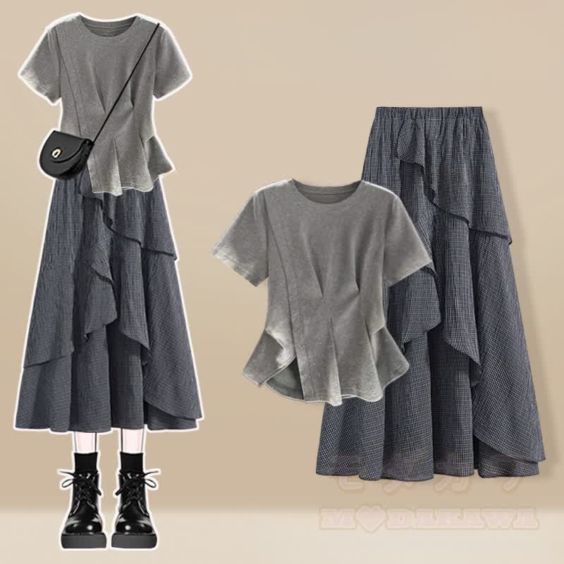 Irregular T-shirt Plaid Skirt Matching Outfit - Two Pieces Set B - 3XL - image 2