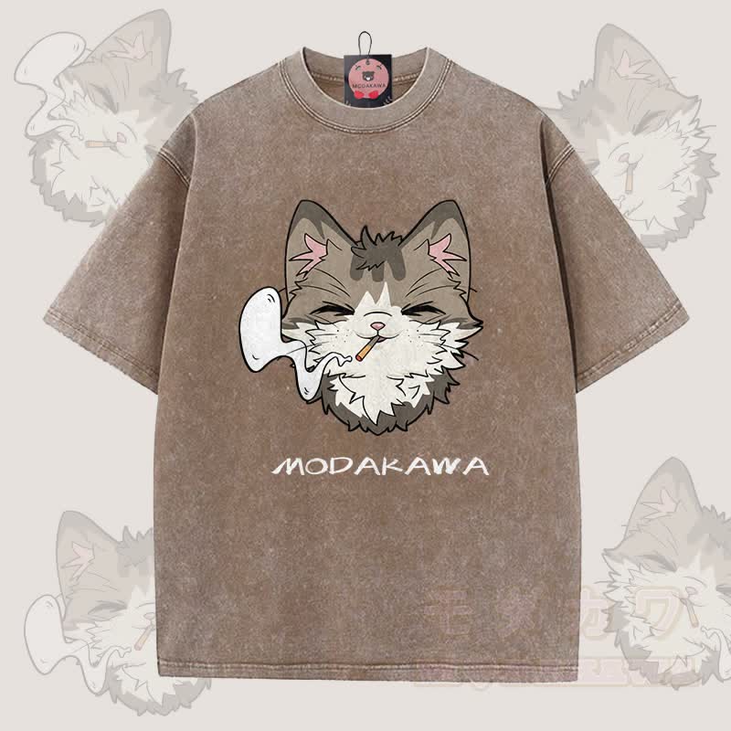 MODAKAWA Smoking Cat Graphic Unisex Vintage Washed T-shirt - Brown - 5XL - image 6