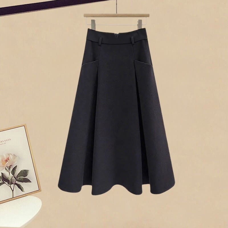 Knit Lace-up Cardigan Pocket Skirt Matching Outfit - Black Skirt - 3XL - image 5
