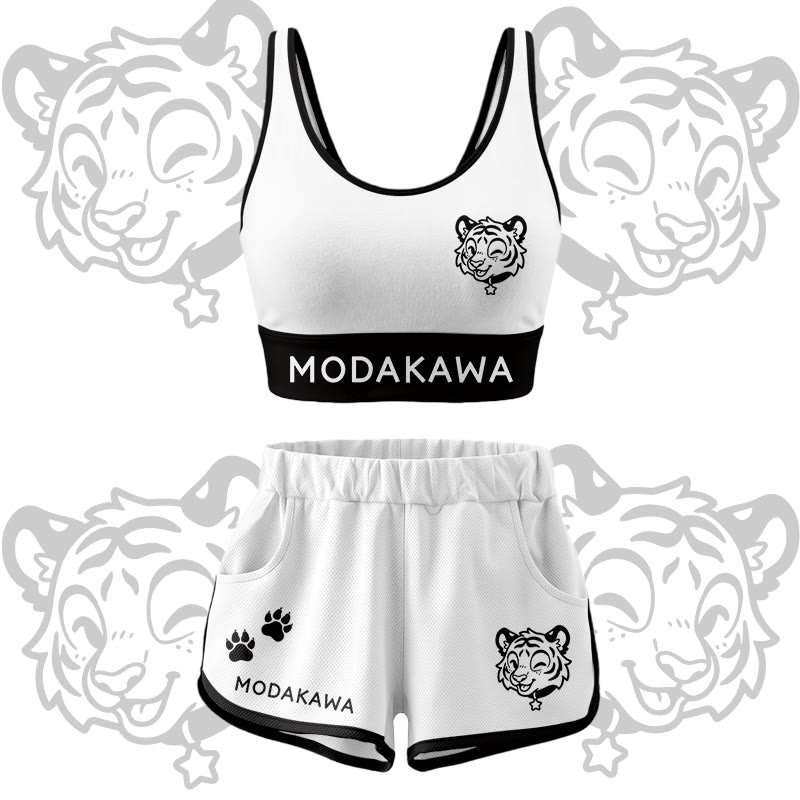 Happy Tiger Graphic Crop Tank Sport Top Shorts Bikini Modakawa Matching Outfit - White Set - 5XL - image 16