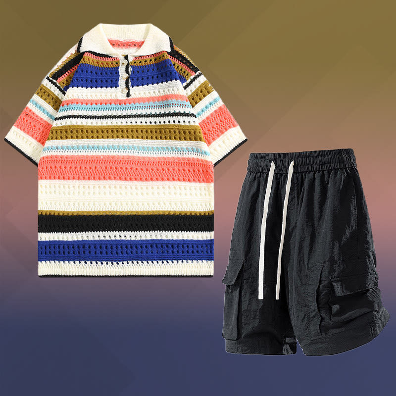 Stripe Open Knit Polo Shirt Quick Dry Drawstring Cargo Shorts Modakawa Matching Outfit - Two Pieces Set C - 2XL - image 3