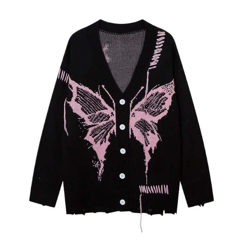 Dark Fashion Butterfly Print Distressed Knit Oversize Sweater  - Black - One Size - image 9