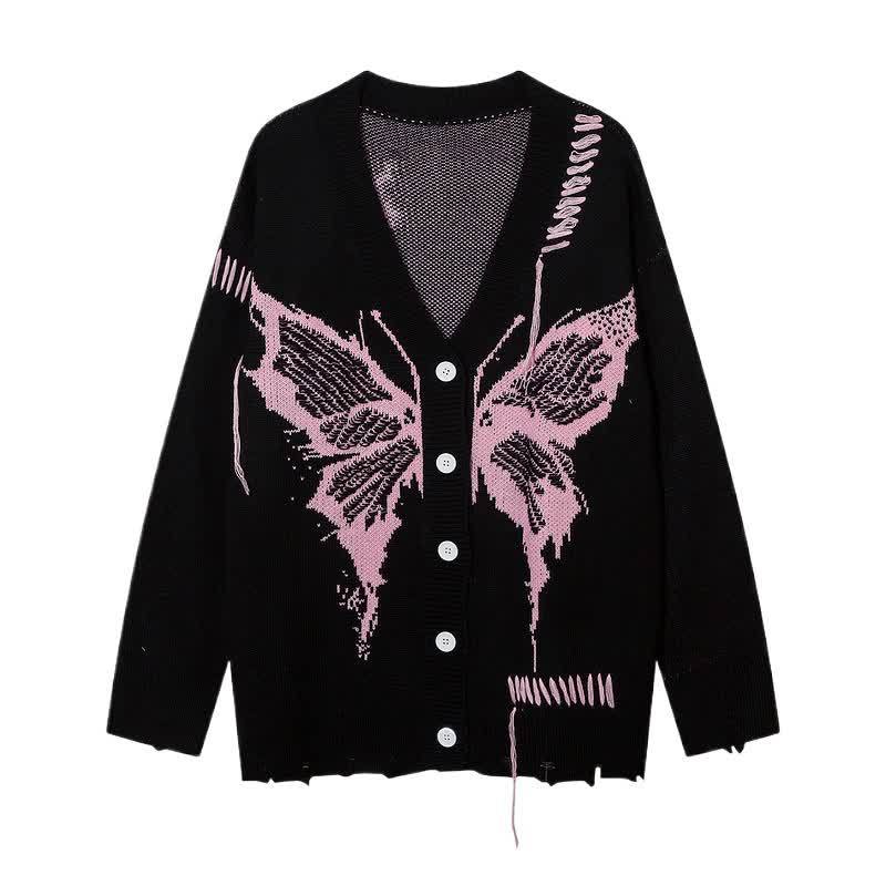 Dark Fashion Butterfly Print Distressed Knit Oversize Sweater  - Black - One Size - image 9