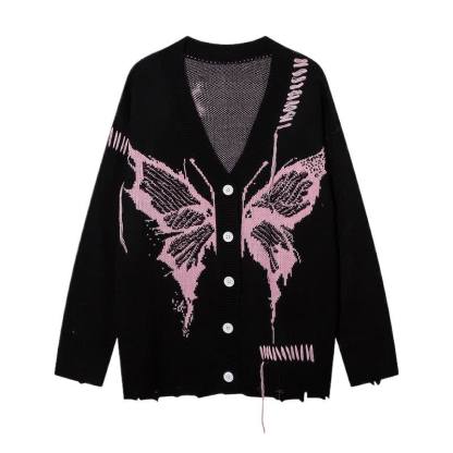 Dark Fashion Butterfly Print Distressed Knit Oversize Sweater  - Black - One Size - image 9