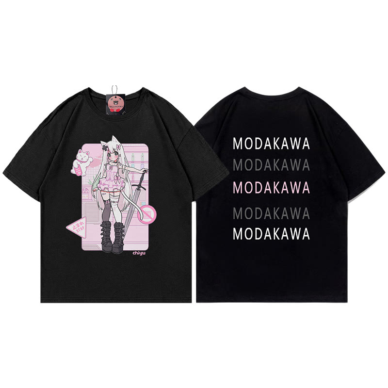 MODAKAWA X airii.exe Kitty Girl Letter Print 100% Cotton T-shirt - Black - 5XL - image 1