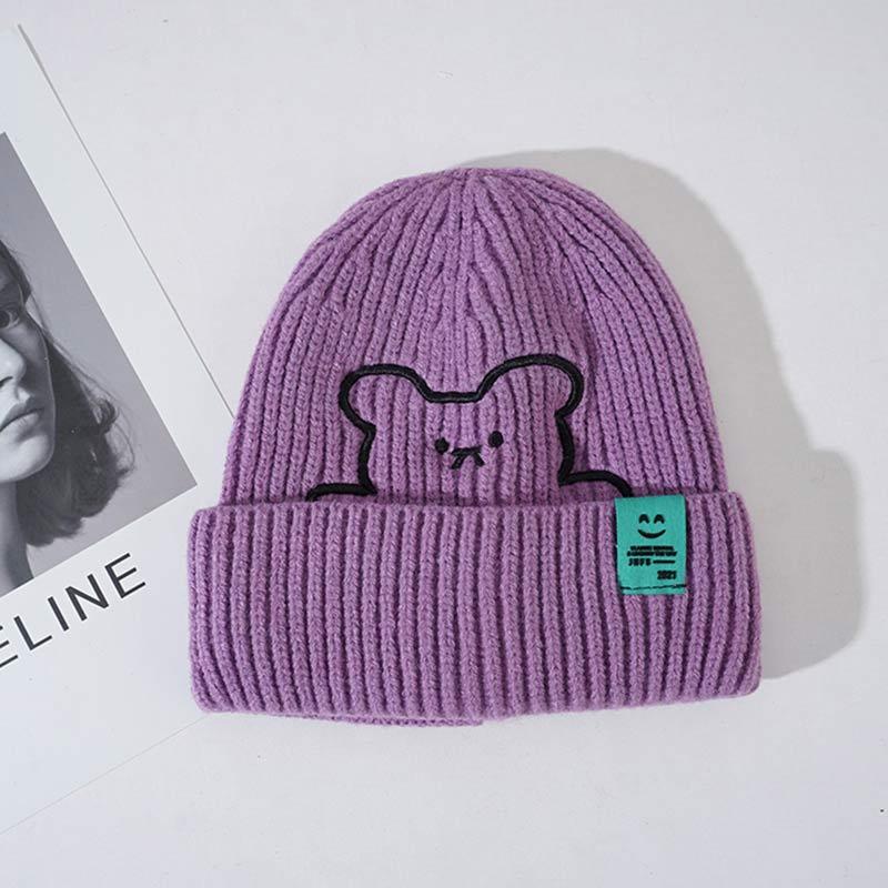 Cartoon Bear Embroidery Knit Hat - Purple - M(54-58cm) - image 13