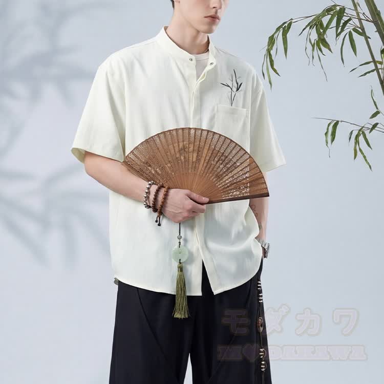 Bamboo Embroidered Mandarin Collar Button-Up Shirt - image 5