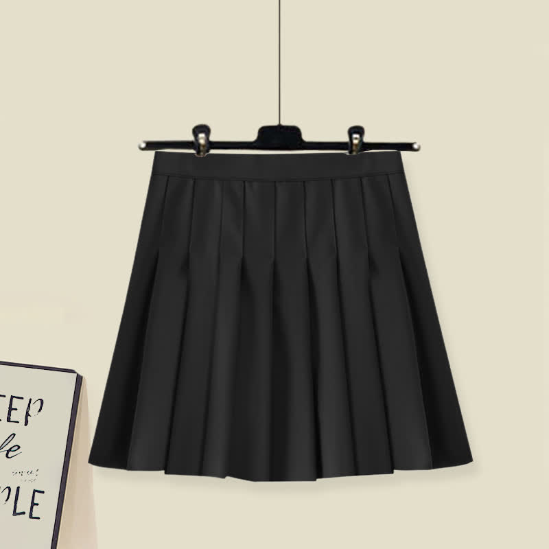 Fake Matching Outfit Bow Decor Sweater Pleated Skirt Plush Pants Matching Outfit - Black Skirt - XL - image 9