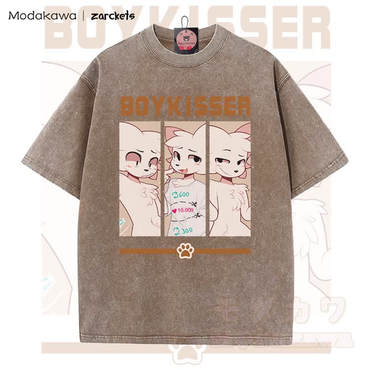 MODAKAWA X zarckets BOYKISSER Anime Cat Character Graphic Vintage Washed T-shirt - Brown - 5XL - image 5