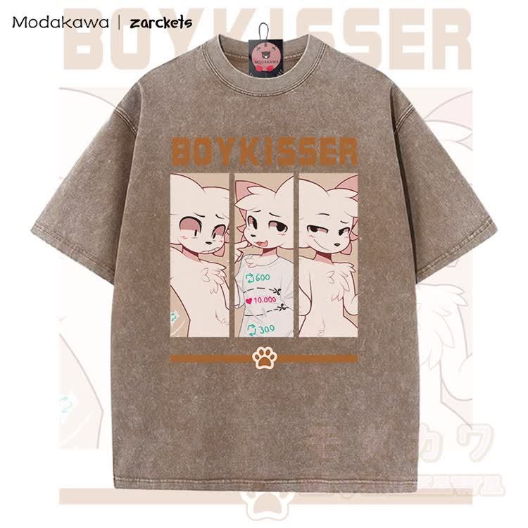 MODAKAWA X zarckets BOYKISSER Anime Cat Character Graphic Vintage Washed T-shirt - Brown - 5XL - image 5