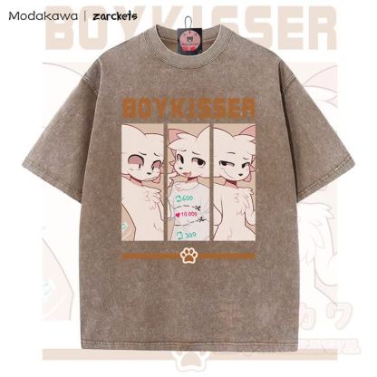 MODAKAWA X zarckets BOYKISSER Anime Cat Character Graphic Vintage Washed T-shirt - Brown - 5XL - image 5
