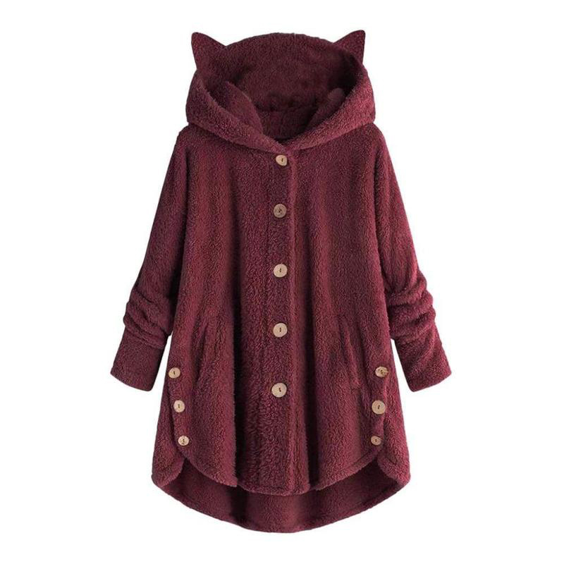 Kitty Ear Button Irregular Hooded Sweatshirt - Wine Red - 5XL - image 3