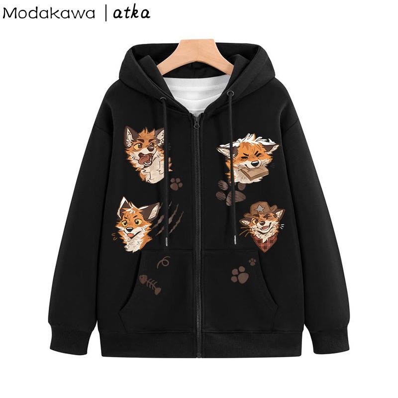 MODAKAWA X atka Playful Fox Graphic Zip Up Hoodie Sweatshirt - Black - 5XL - image 5