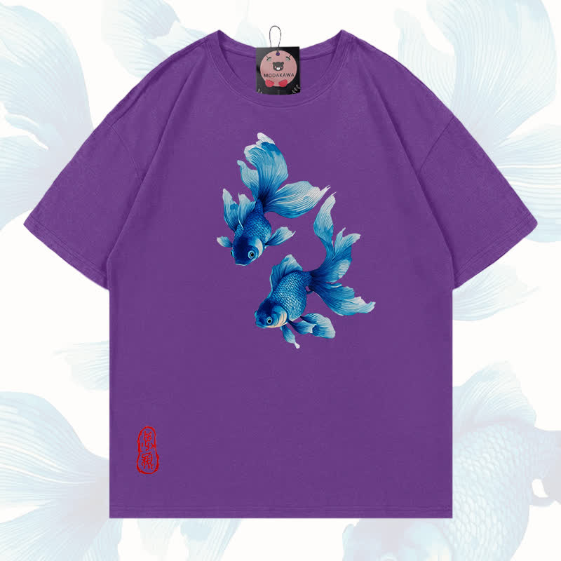 MODAKAWA Fish Graphic 100% Cotton T-shirt - Purple - 5XL - image 19