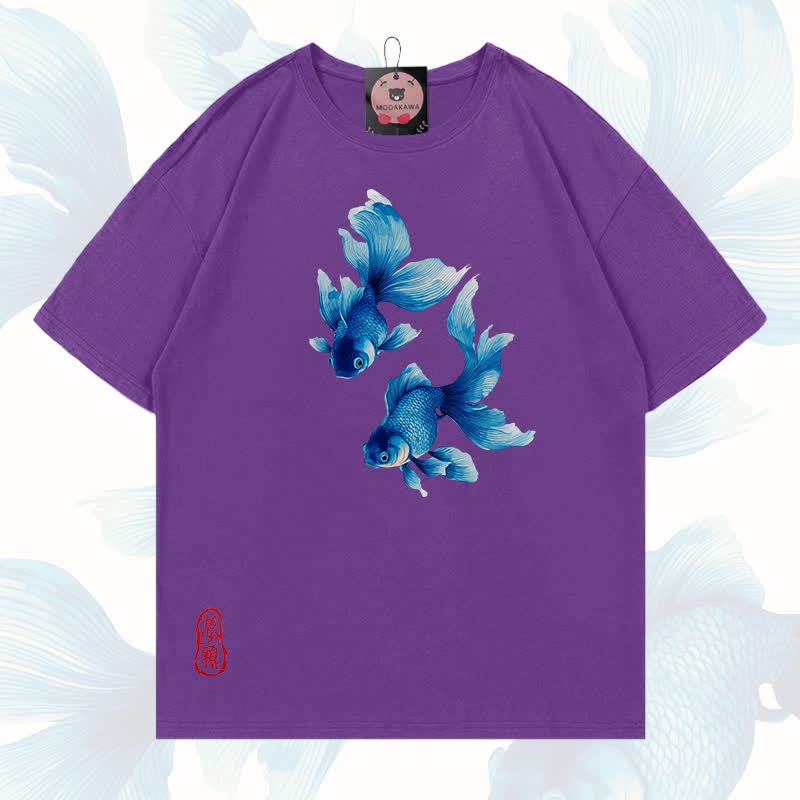 MODAKAWA Fish Graphic 100% Cotton T-shirt - Purple - 5XL - image 19