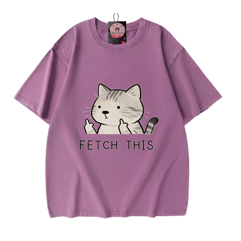 FETCH THIS Cat Graphic Modakawa Vintage Washed 100% Cotton T-shirt - Purple - 5XL - image 6