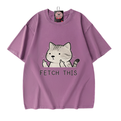 FETCH THIS Cat Graphic Modakawa Vintage Washed 100% Cotton T-shirt - Purple - 5XL - image 6